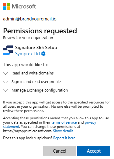 Microsoft Exchange Online permissions dialog requesting consent for connector setup