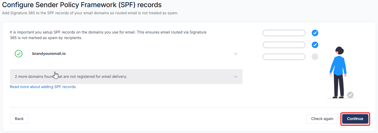 Setup wizard SPF record check screen with Check again and Continue buttons