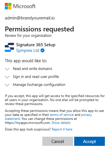 Microsoft permissions request dialog listing directory data access permissions