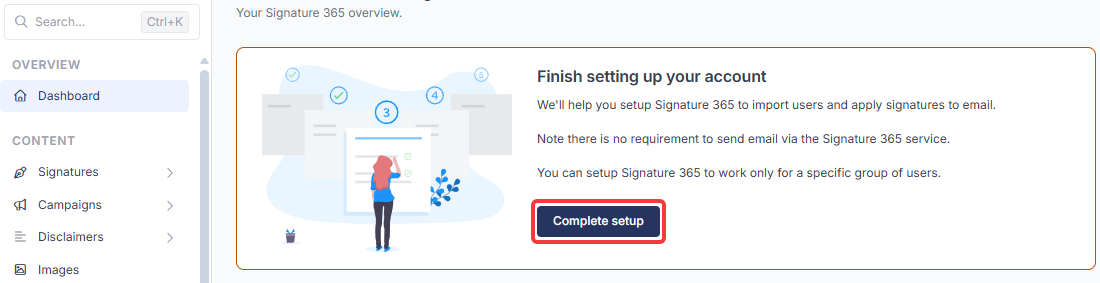 Dashboard with Finish setting up your account card and Setup wizard button