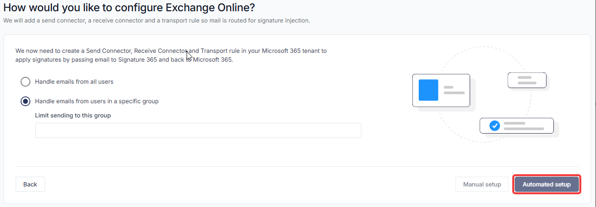 Setup wizard mail flow rule configuration screen with user group options