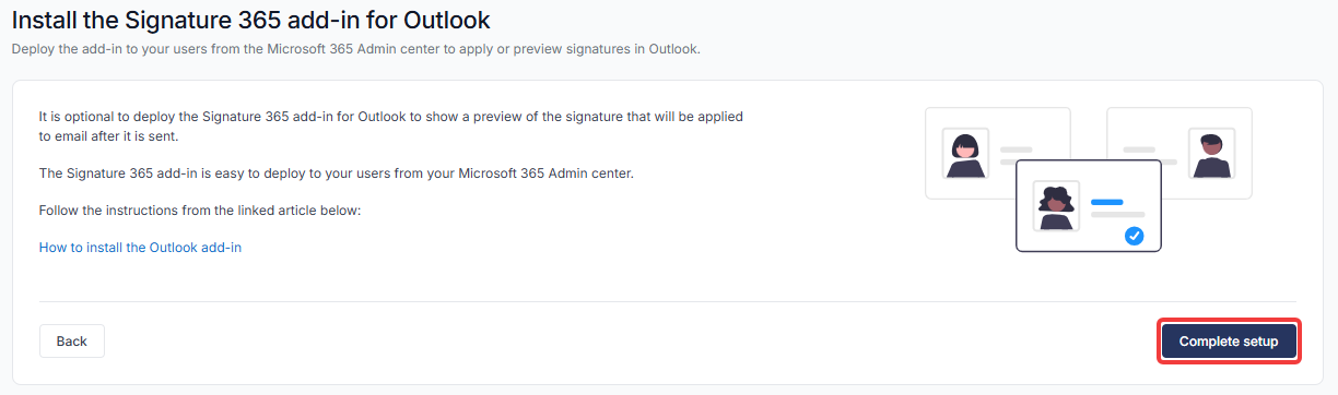Setup wizard page with instructions for installing the Signature 365 Outlook add-in