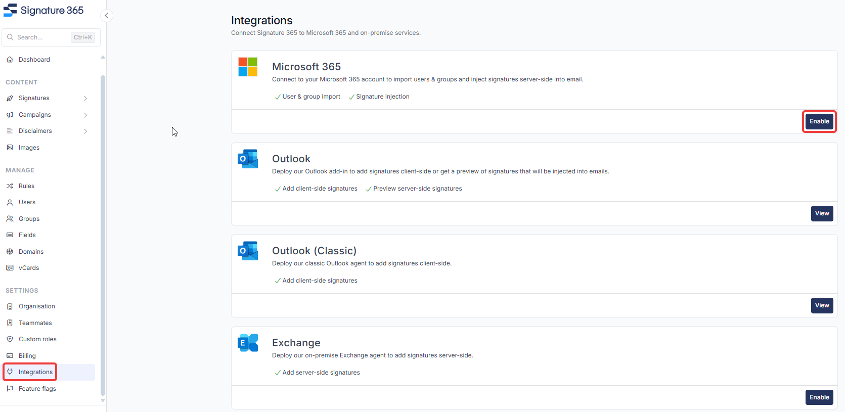Integrations page with the Microsoft 365 card and Enable button