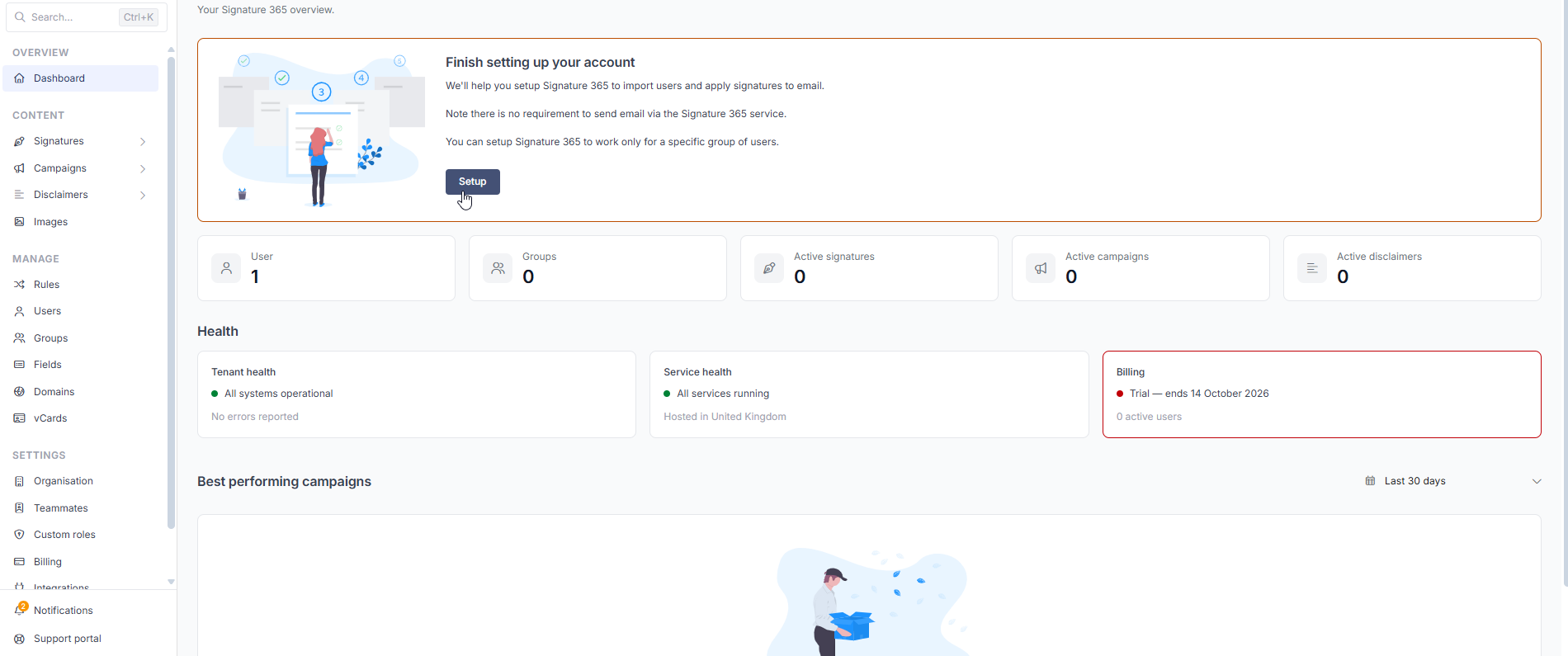 Signature 365 dashboard after account creation