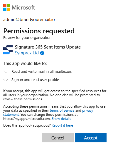 Microsoft permissions dialog for sent items read/write mailbox access