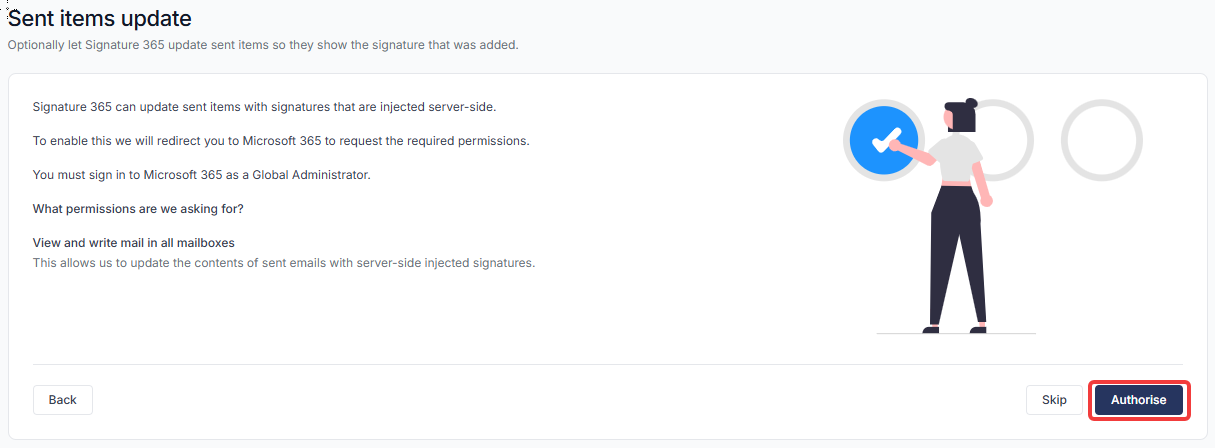 Setup wizard sent items update option with Skip and Authorise buttons