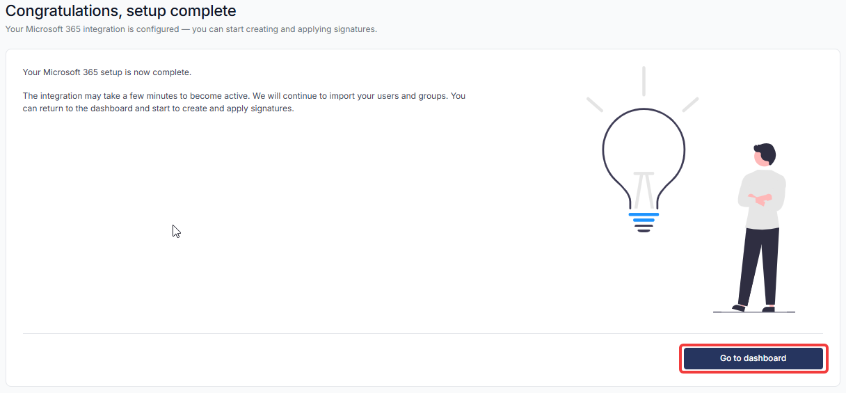 Setup wizard completion page with the Complete setup and Go to dashboard buttons