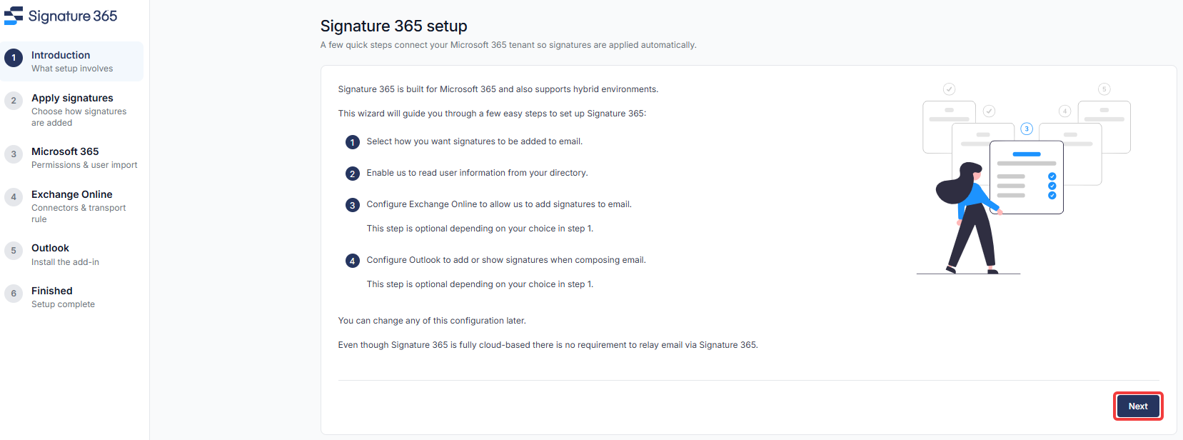 Setup wizard overview screen listing the steps to complete