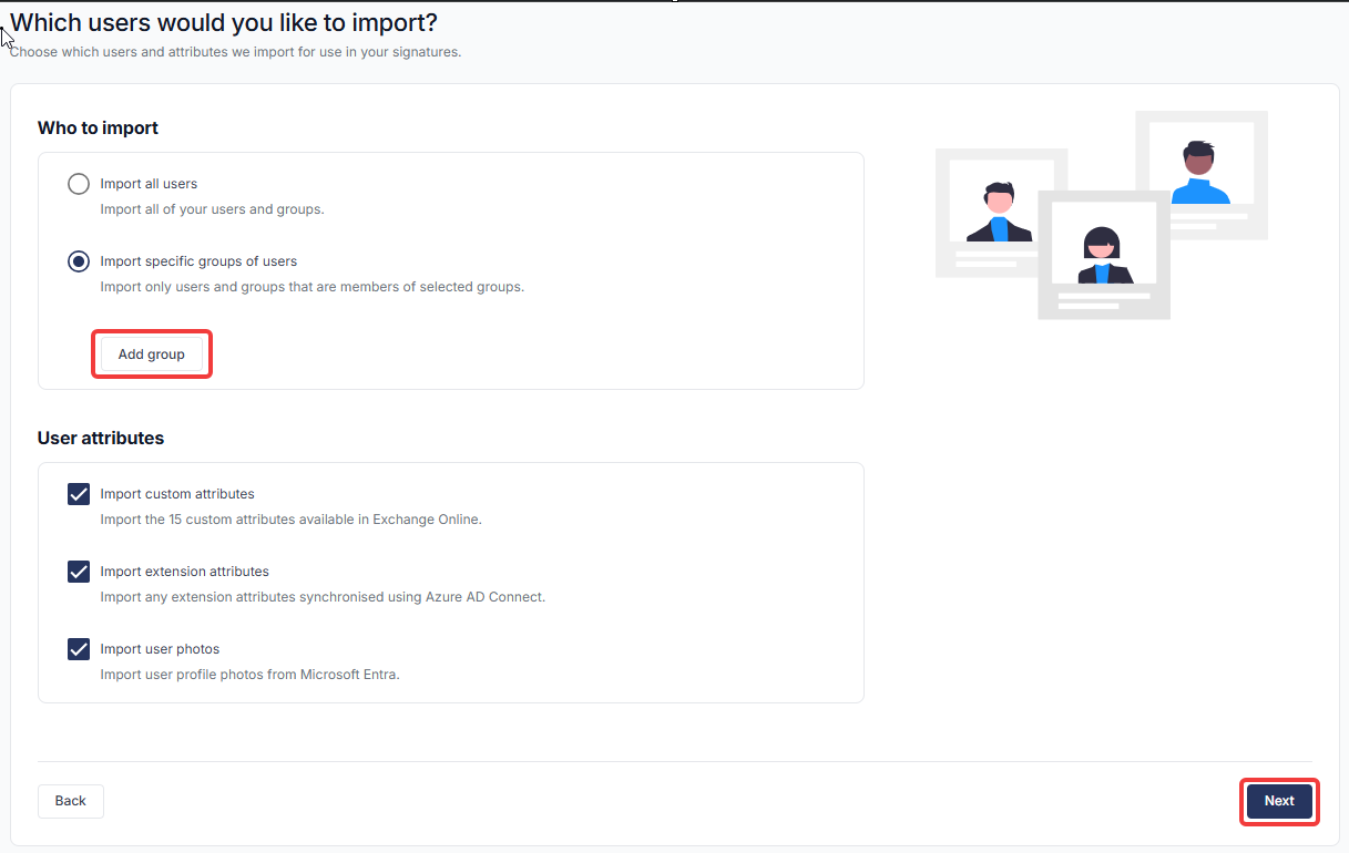Setup wizard user and group import selection screen with Add Group button